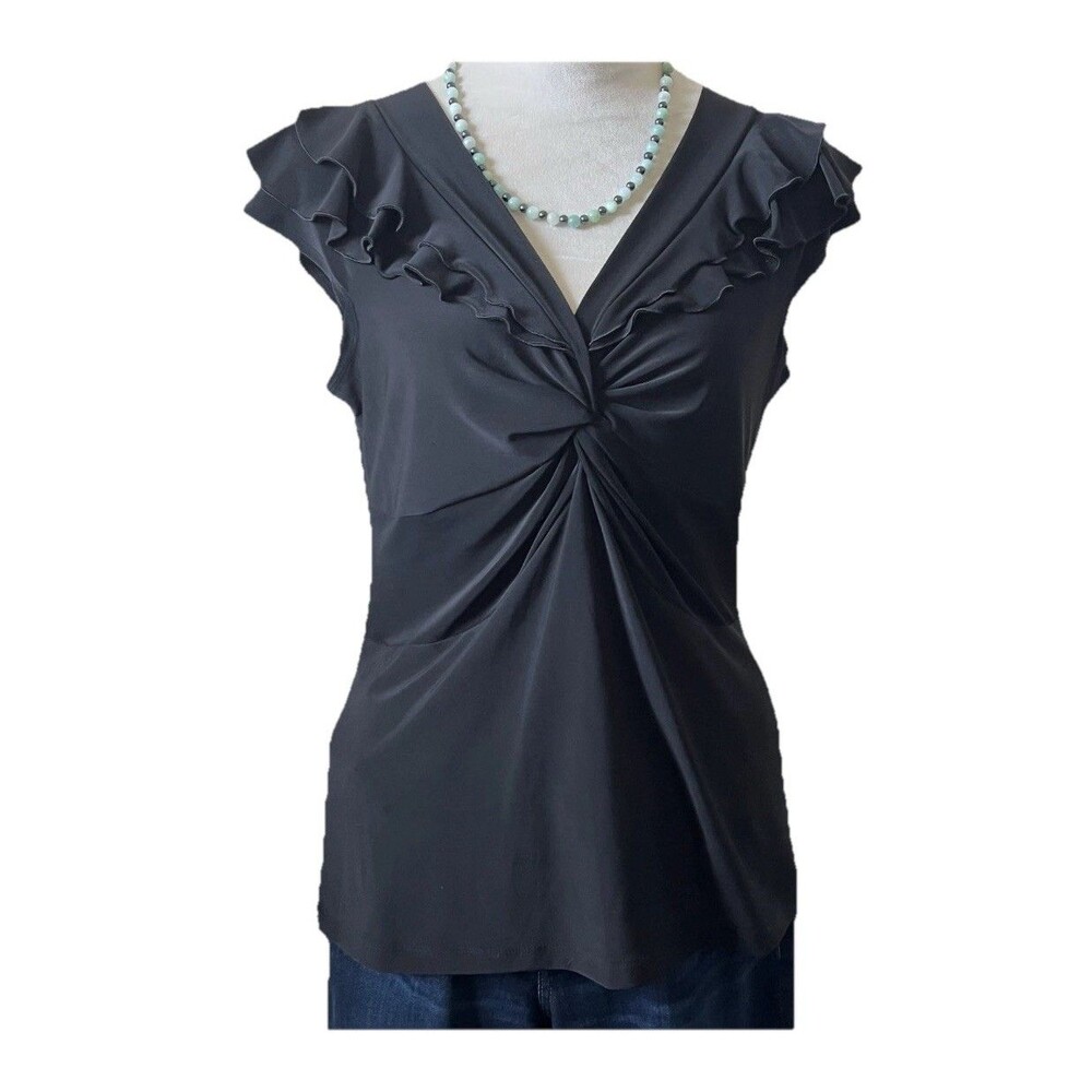 Vintage Suzie Women's Black Flutter Short Sleeve Blouse V Neck Twist Front Large